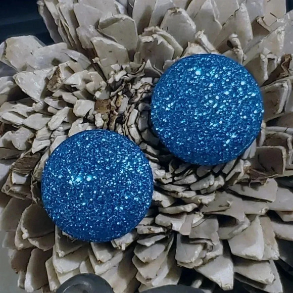 Retro 80s Club Glam Disco Sparkly Turquoise Blue Fabric Button Earrings - Picture 3 of 9